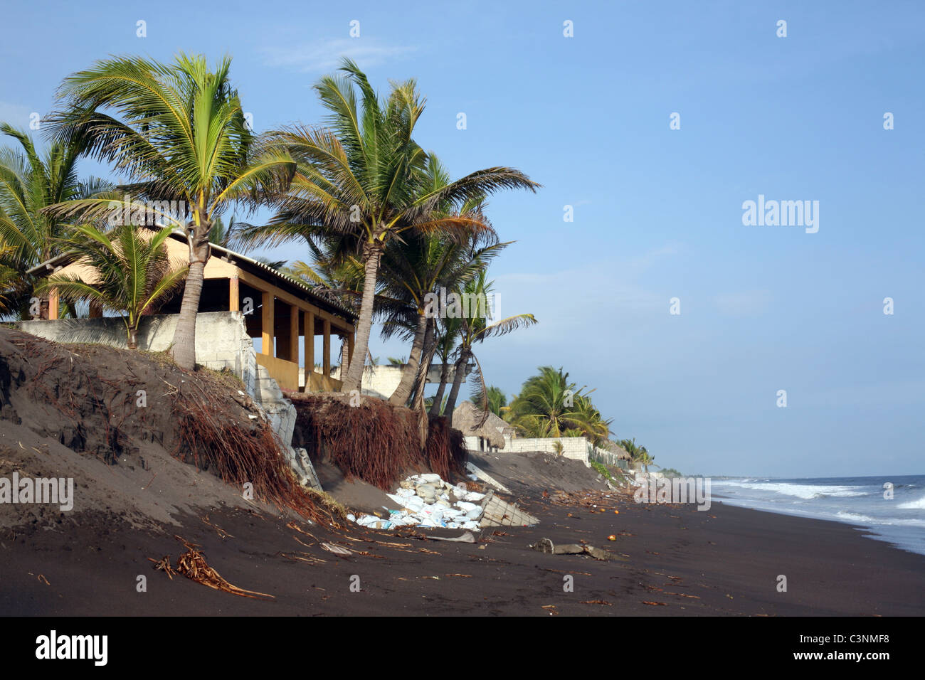 Erosione costiera nella zona ha sostenuto molti beach front proprietà in Guatemala, Monterrico, Guatemala, America Centrale Foto Stock