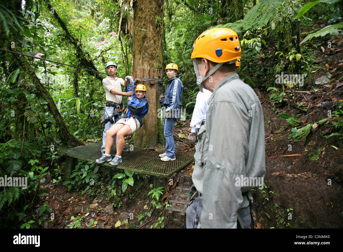 Turisti che si godono la tettoia esperienza, con baldacchino tour operator. Santa Elena, Puntarenas, Costa Rica, America Centrale Foto Stock