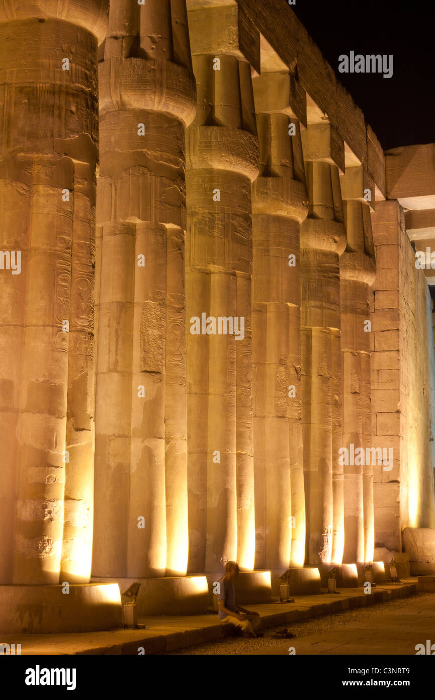 Colonne del Tempio di Luxor nella notte con illuminazione Foto Stock