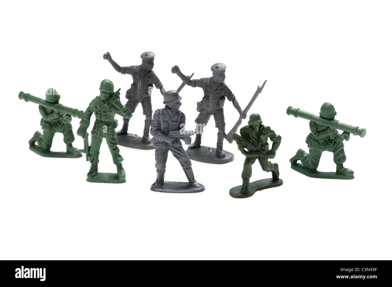 Scopo su bianco - plastica toy soldiers close up Foto Stock