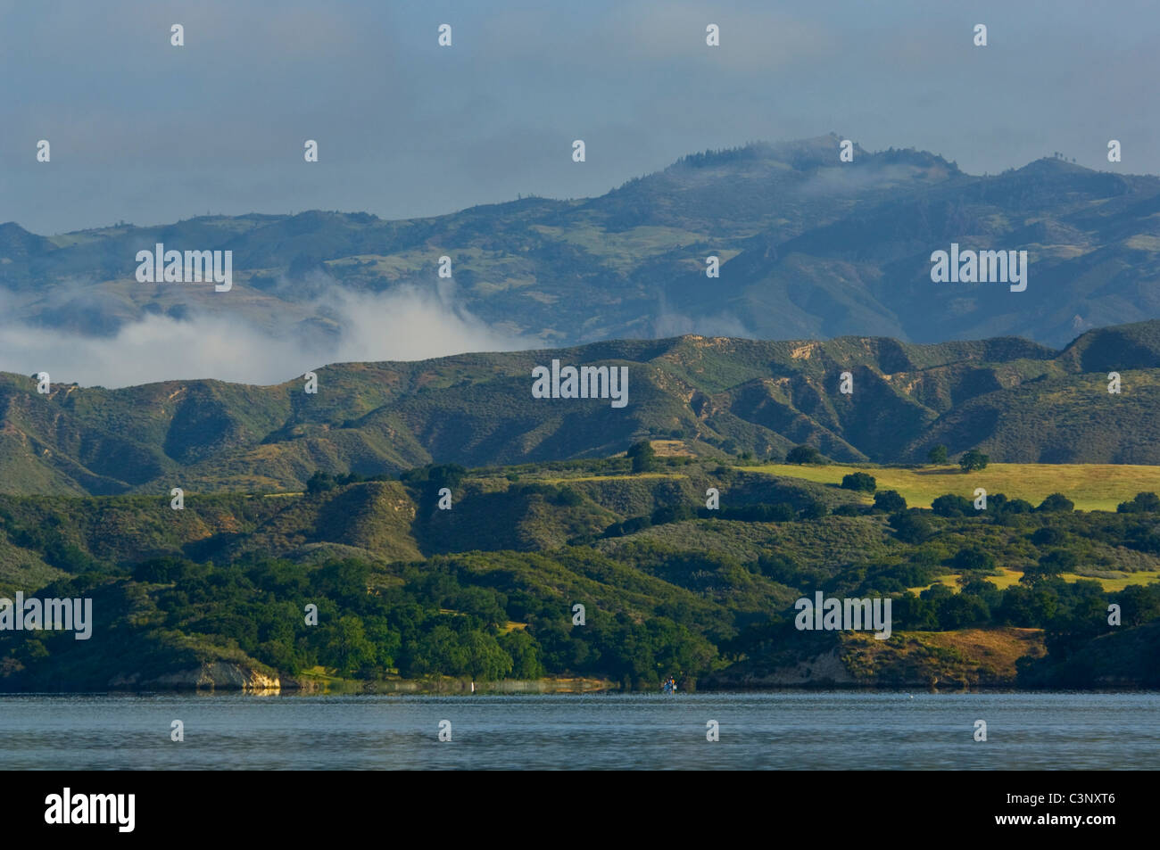 Aspre colline verdi in primavera oltre il Lago di Cachuma, vicino Santa Ynez, Santa Barbara County, California Foto Stock