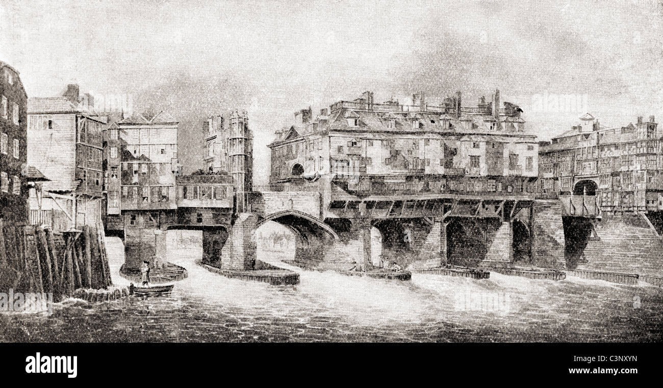 Parte del vecchio ponte di Londra, Londra, Inghilterra prima delle case sono state tirate giù, 1758-62. Foto Stock