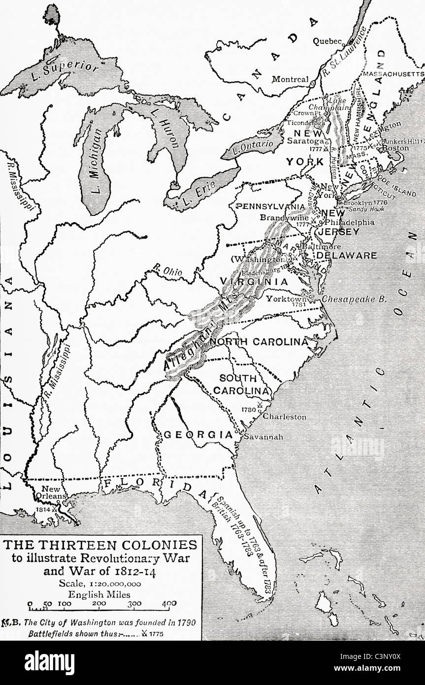 Mappa che mostra le tredici colonie, per illustrare la guerra rivoluzionaria e la guerra del 1812-14. Foto Stock