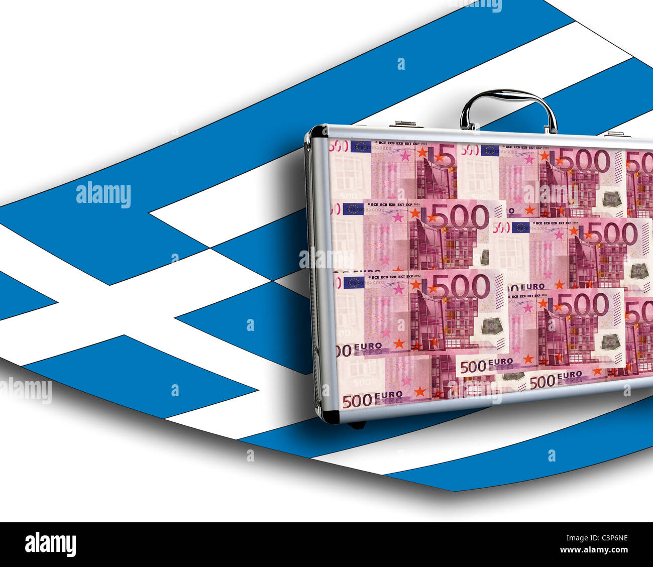 Chiusura del caso di denaro sulla bandiera greca Foto Stock