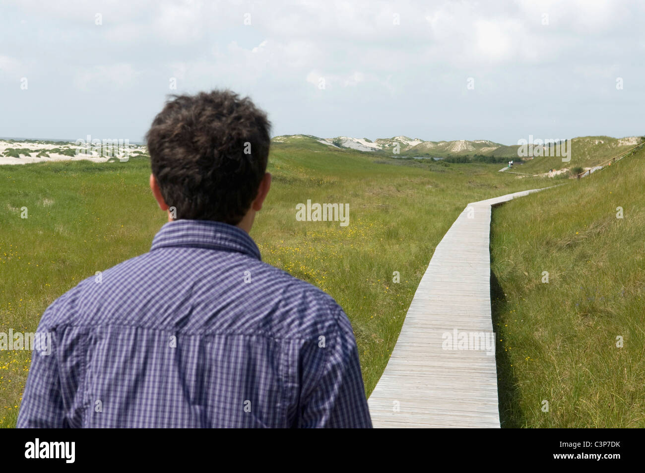 Germania, Schleswig Holstein, Amrum, uomo sul percorso in dune di sabbia, vista posteriore Foto Stock