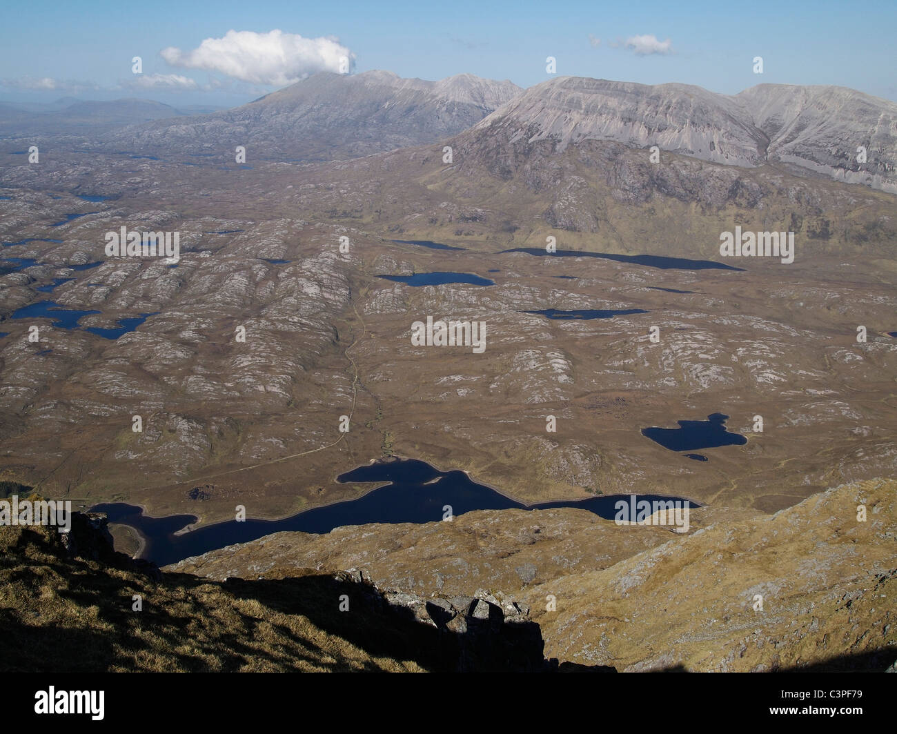 Guardando a Nord di Arkle, Foinaven dal Ben Stack, Assynt, Scozia Foto Stock