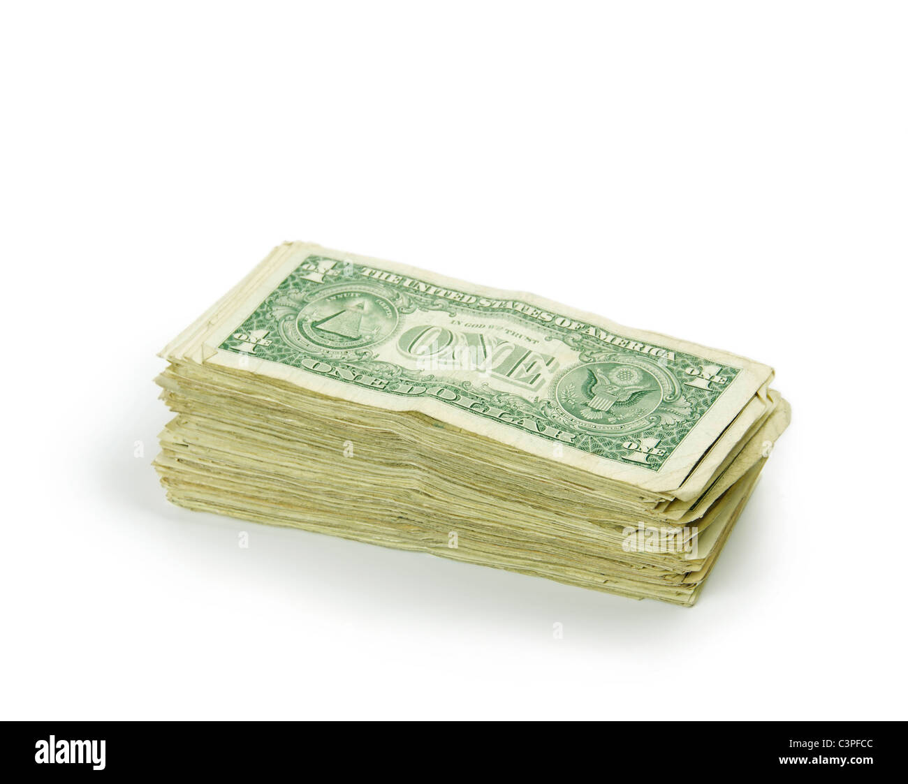 Pila di uno le fatture del dollaro su sfondo bianco Foto Stock