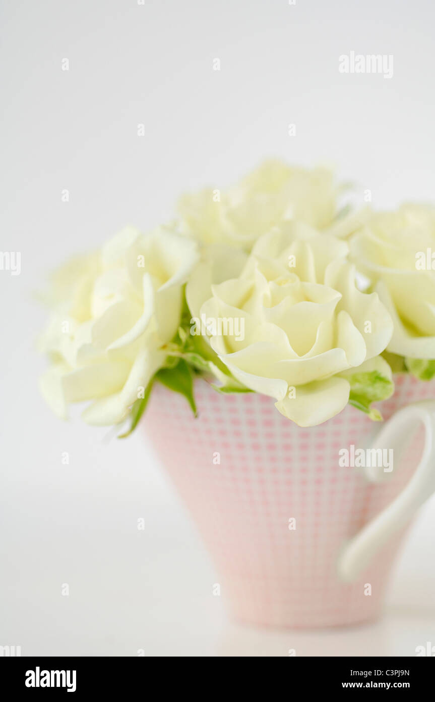 Vaso di fiori con rose bianche su sfondo bianco, close up Foto Stock