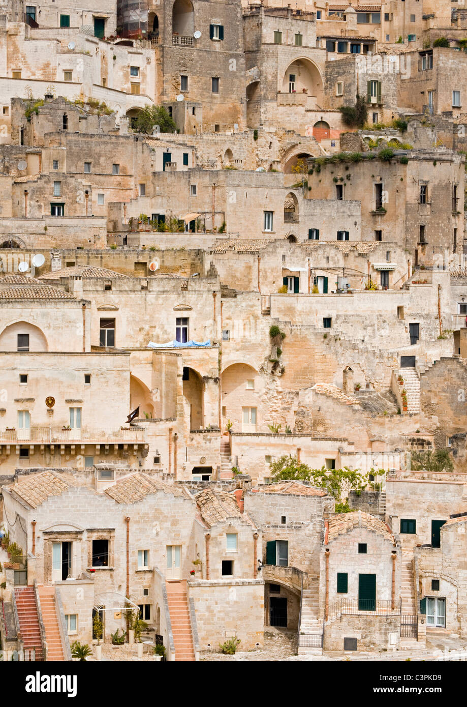 Close-up di Sassi di Matera, grotta preistorica case, Sasso Barisano Matera, Basilicata, Italia Meridionale Foto Stock