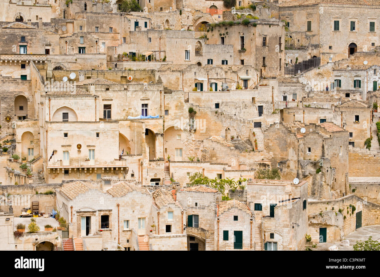 Close-up di Sassi di Matera, grotta preistorica case, Sasso Barisano Matera, Basilicata, Italia Meridionale Foto Stock