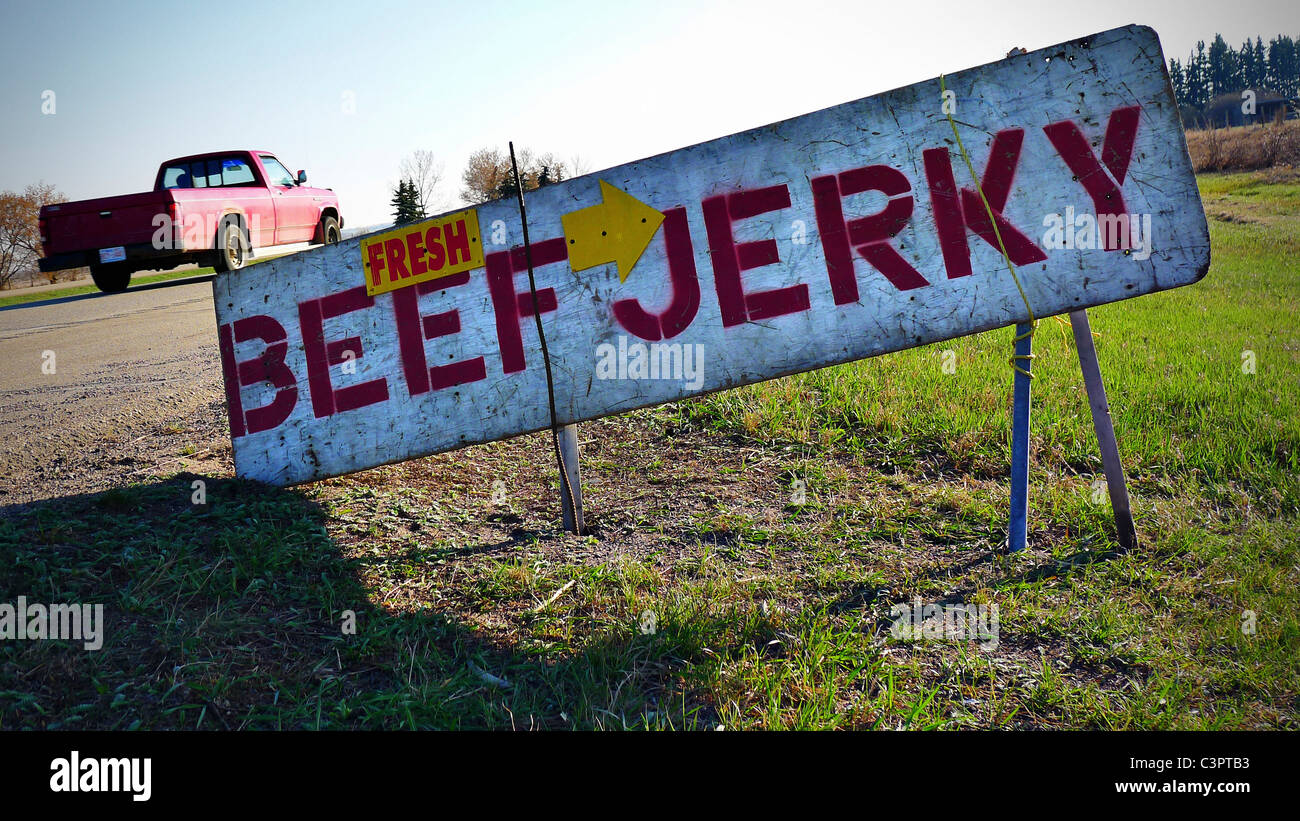 Paese strada Beef Jerky segno di vendita. Foto Stock