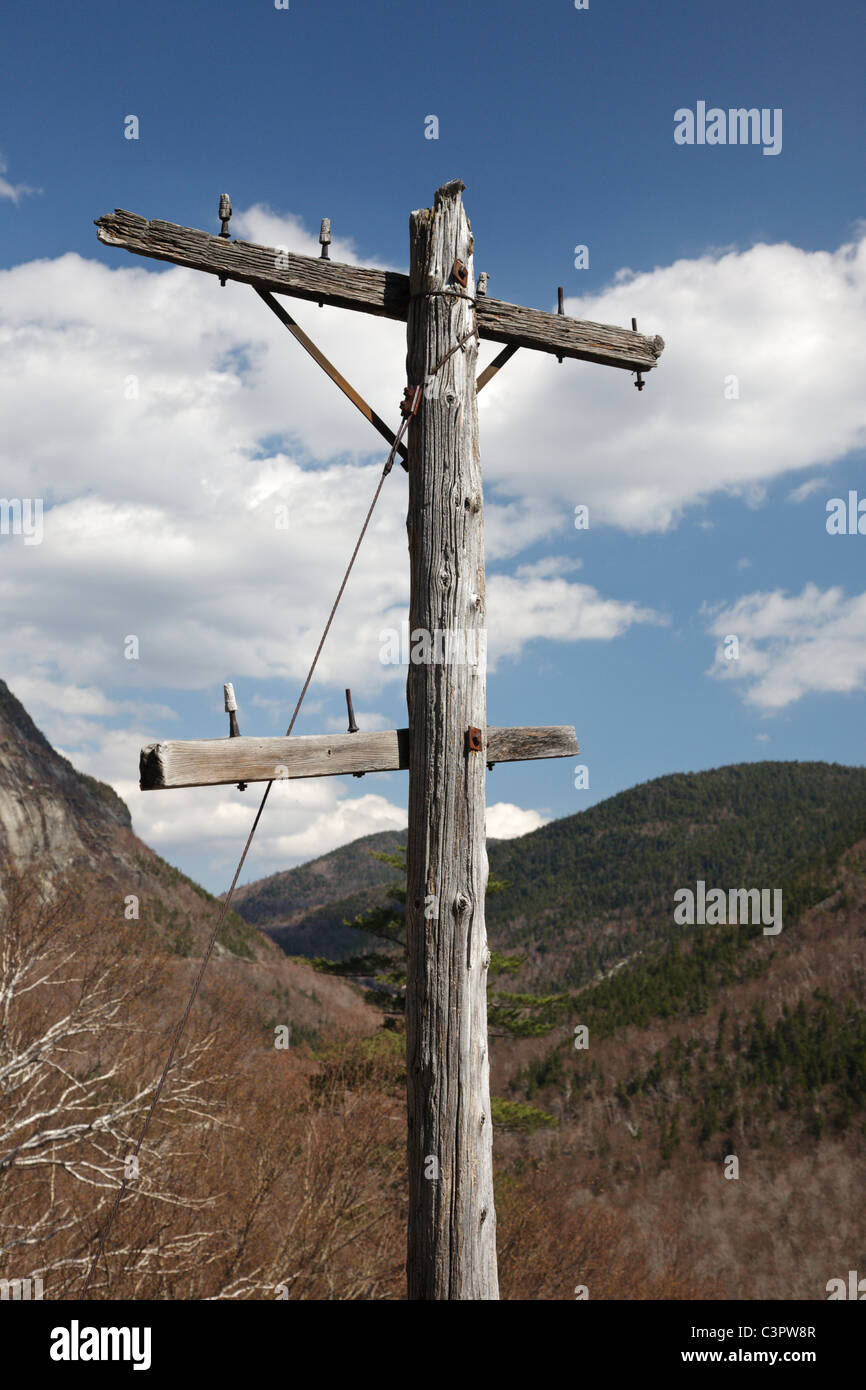 Crawford tacca del parco statale - old telephone palo lungo il Maine Ferrovia Centrale nelle White Mountains, New Hampshire USA Foto Stock