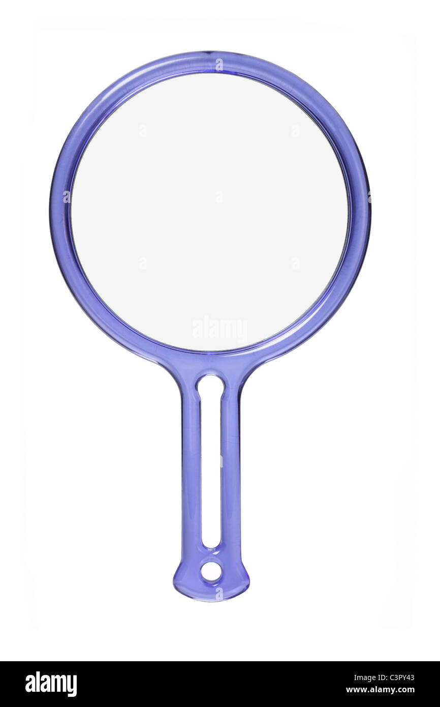 Blu telaio in plastica specchio a mano su sfondo bianco Foto Stock