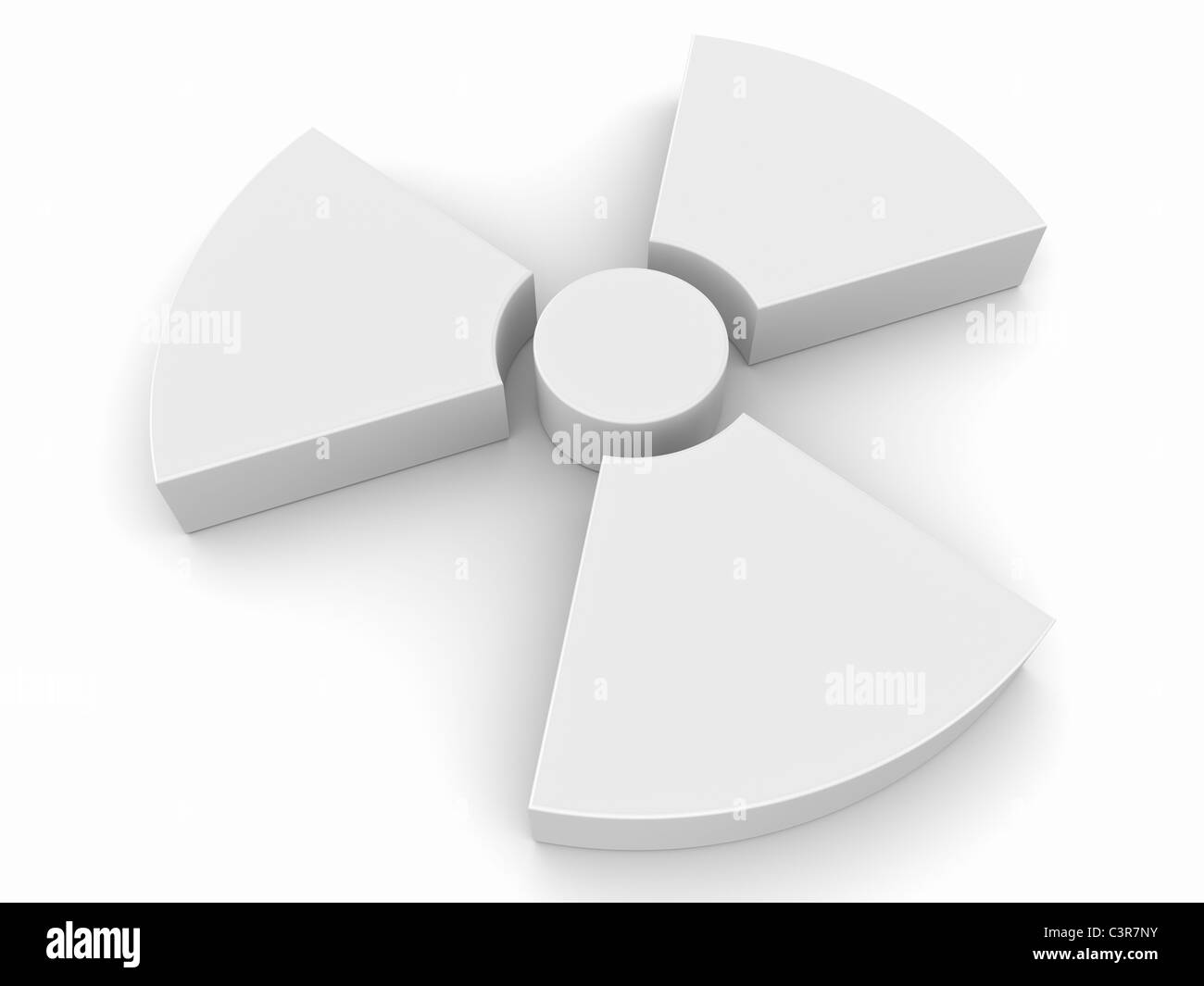 Bianco simbolo della radioattività su sfondo bianco, 3D render Foto Stock