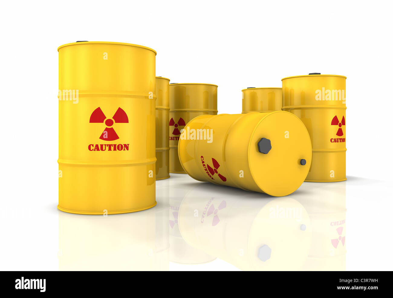 Botti di giallo rosso con simboli di radioattività, 3D render Foto Stock
