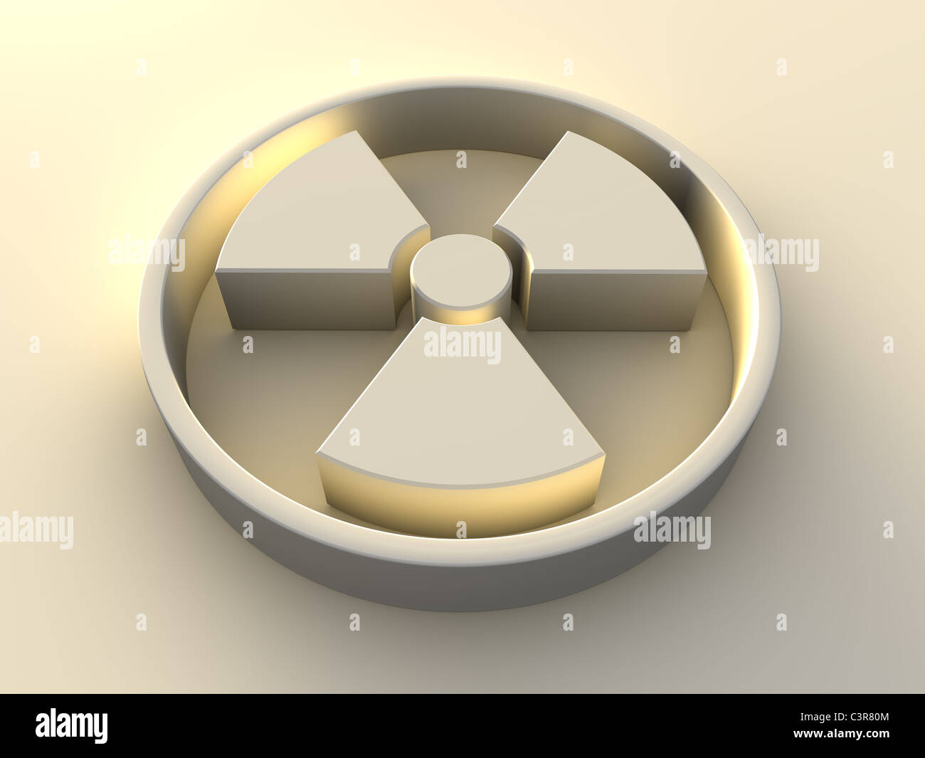 La radioattività simbolo giallo con retroilluminazione, 3D render Foto Stock