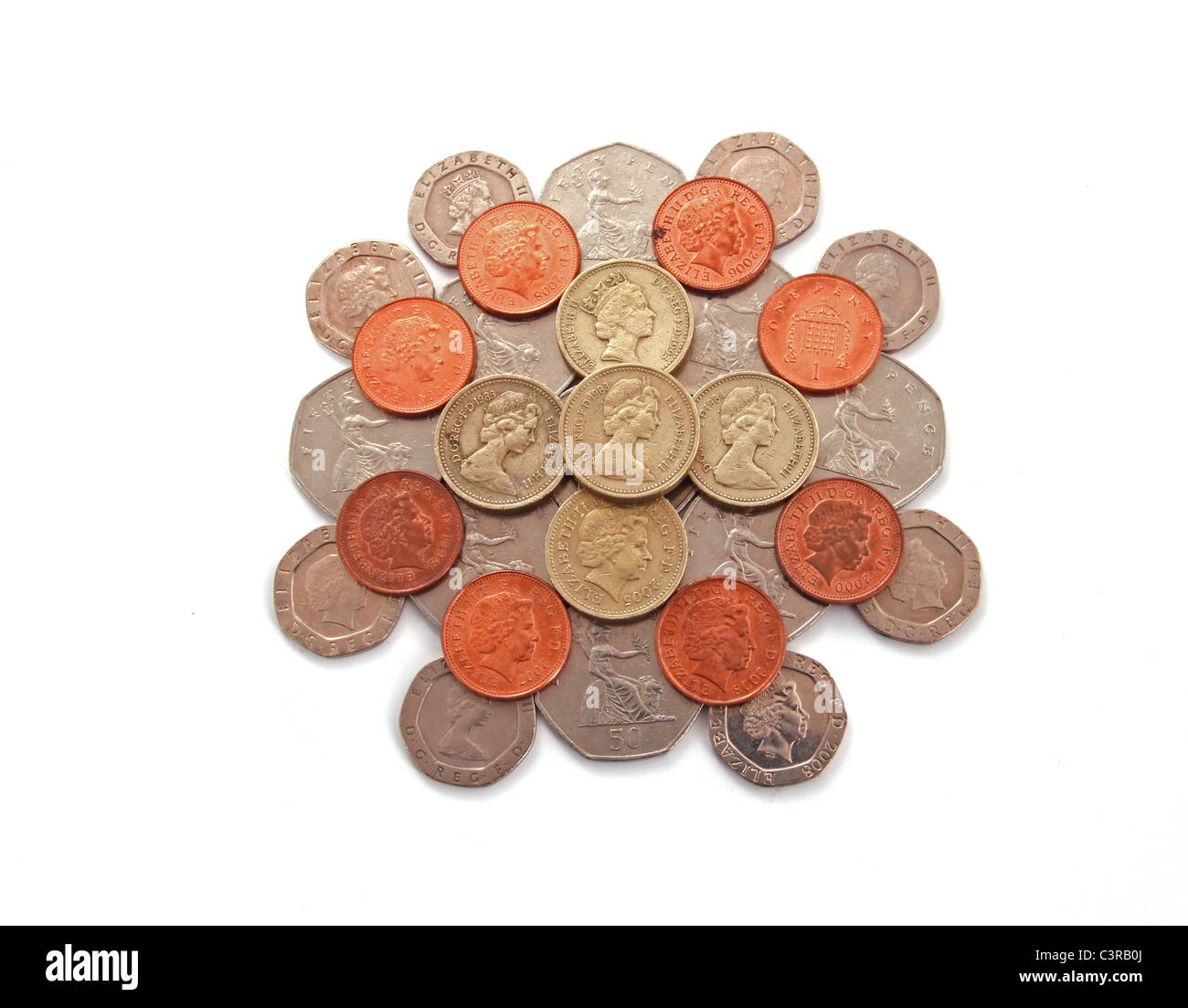 British, UK, monete su sfondo bianco. Foto Stock