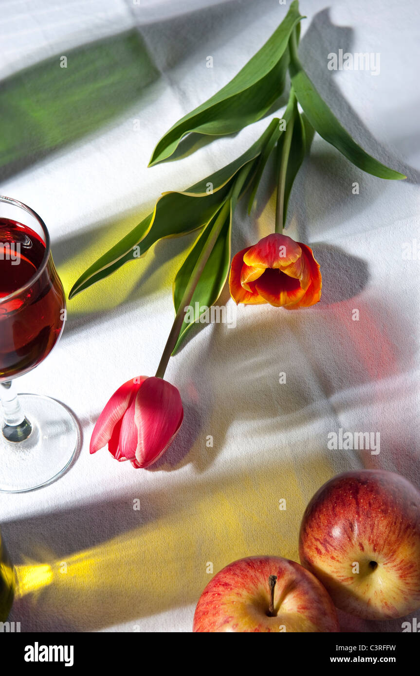 Uno studio in luce: le ombre delle bottiglie di vino con mele , un bicchiere di vino e tulipani Foto Stock