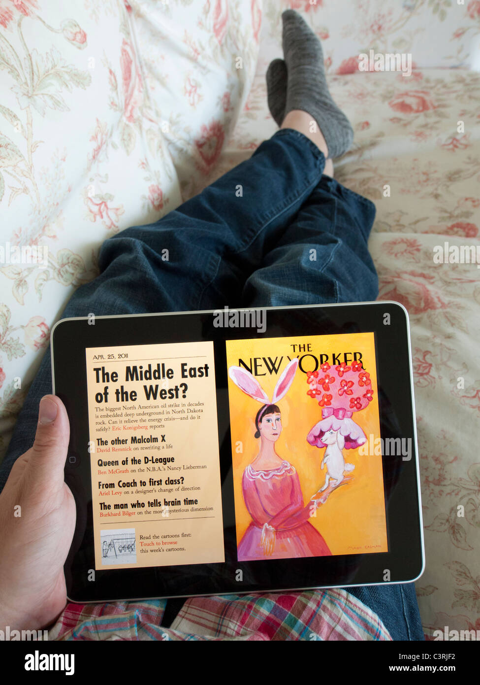 L'uomo la lettura digitale versione iPad del New Yorker Magazine Foto Stock