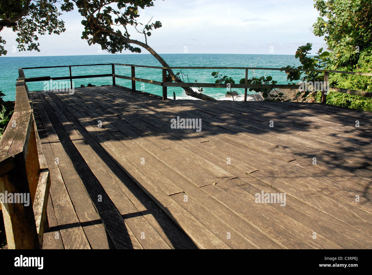 Ponte di legno sul mare circondata di vegetazione Foto Stock