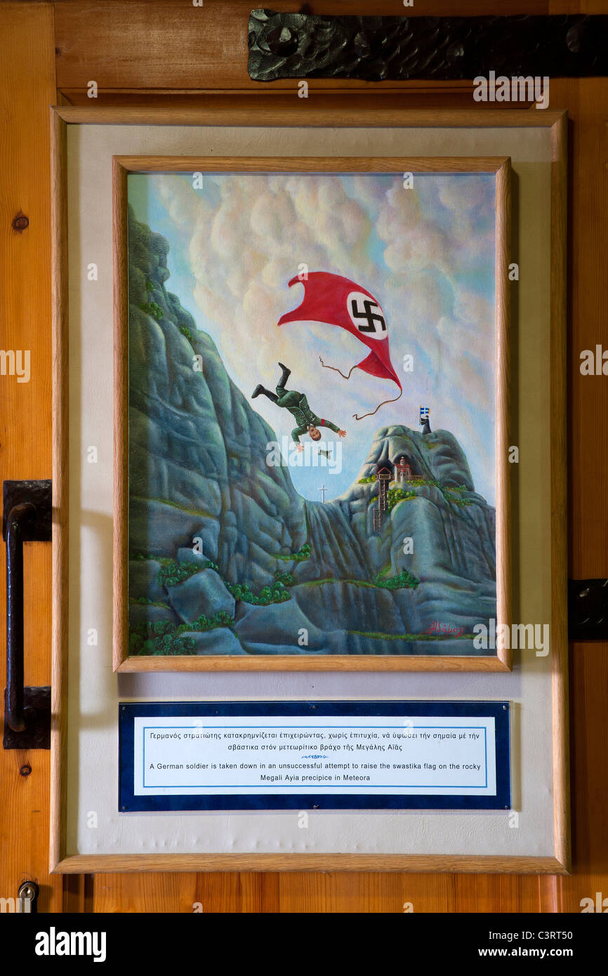 In un museo del Grand Meteoron Monastero, pittura illustrante la resistenza contro i nazisti nella regione di Meteora durante il WW2 Foto Stock