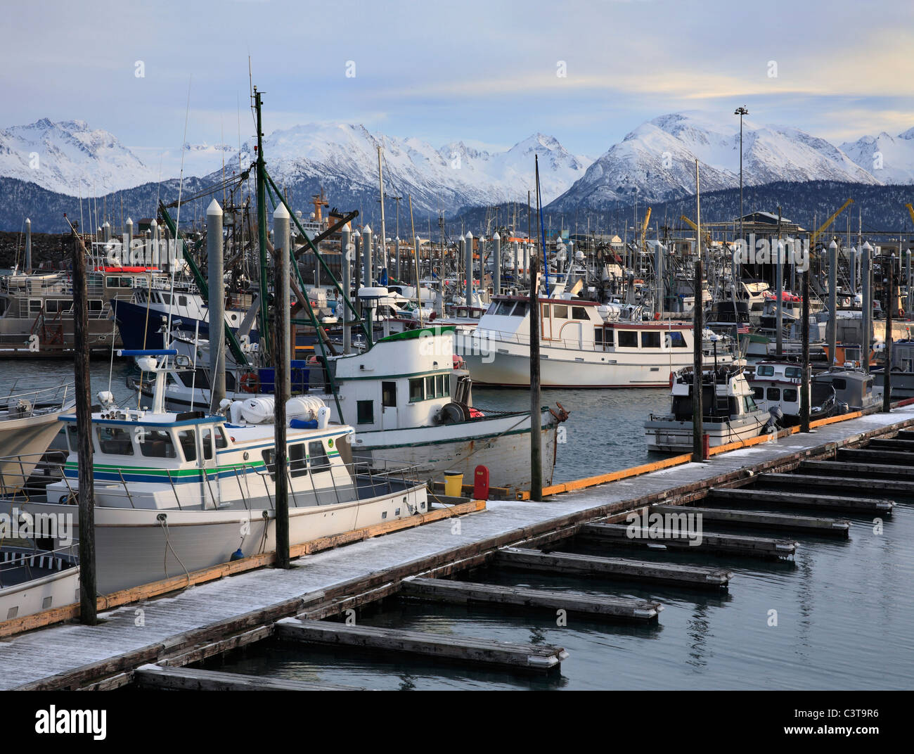 Barche in porto con le montagne come sfondo a Homer Alaska, Penisola di Kenai, STATI UNITI D'AMERICA Foto Stock