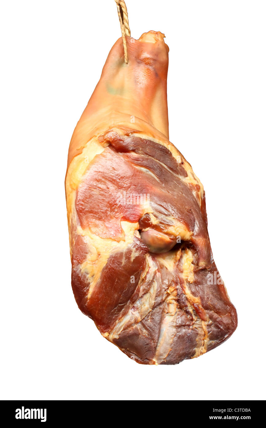 Tutta la carne di maiale affumicato Prosciutto isolato su bianco Foto Stock