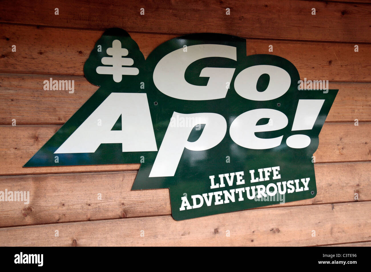 Il 'Go Ape' logo su un asse di legno dello sfondo. Foto Stock