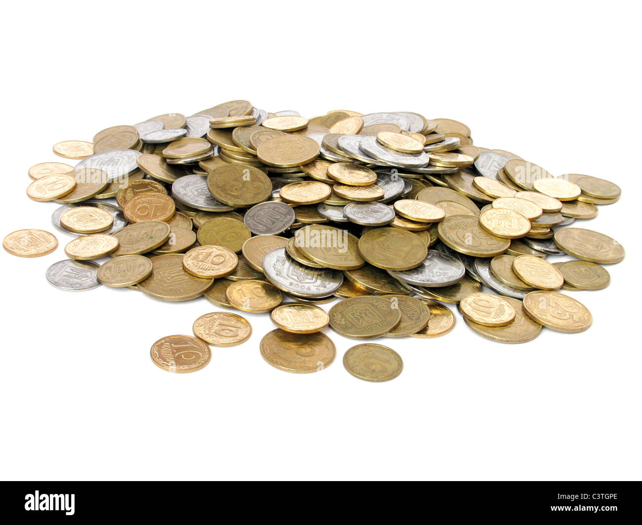 Cumulo di monete su bianco Foto Stock