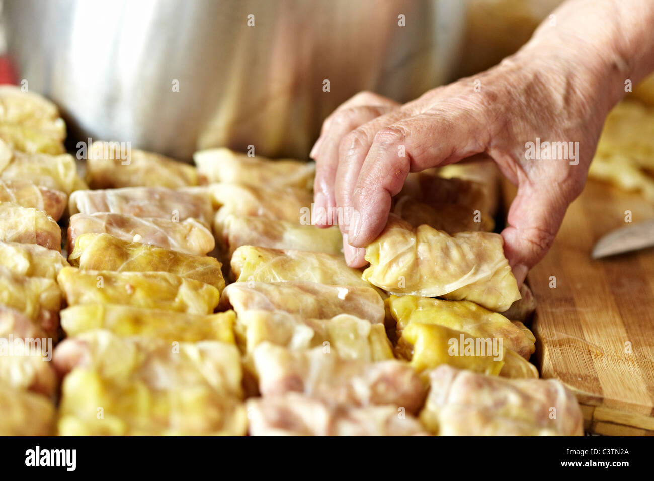 Sarmale di cottura, un tradizionale piatto rumeno, con carne macinata e riso avvolto in bollito di foglie di cavolo Foto Stock