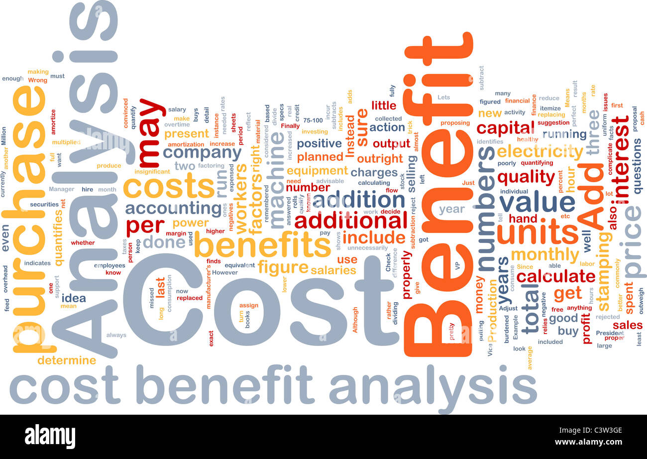 Concetto di sfondo wordcloud illustrazione di analisi costi-benefici Foto Stock