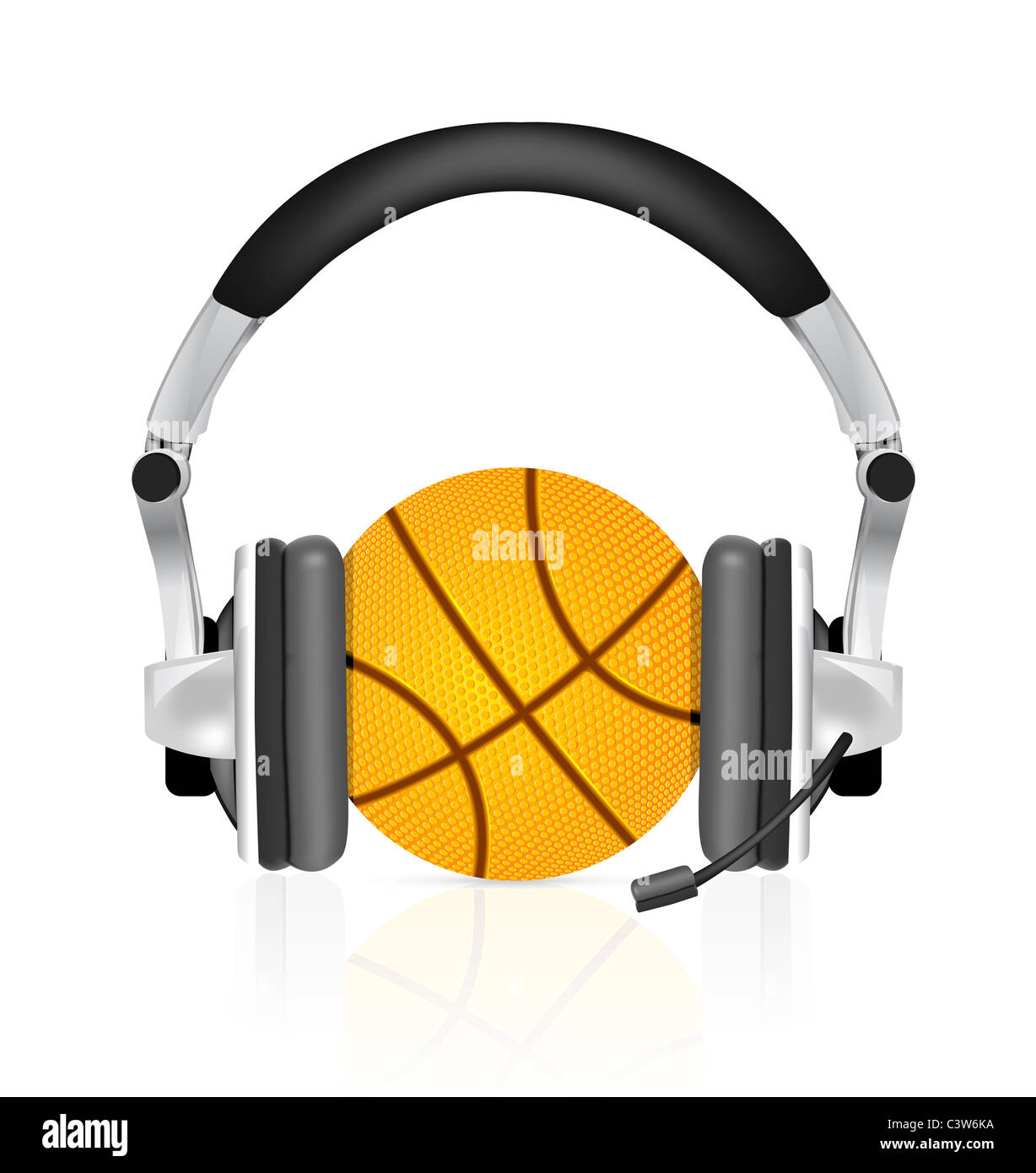 Il basket ball con cuffie su sfondo bianco Foto Stock