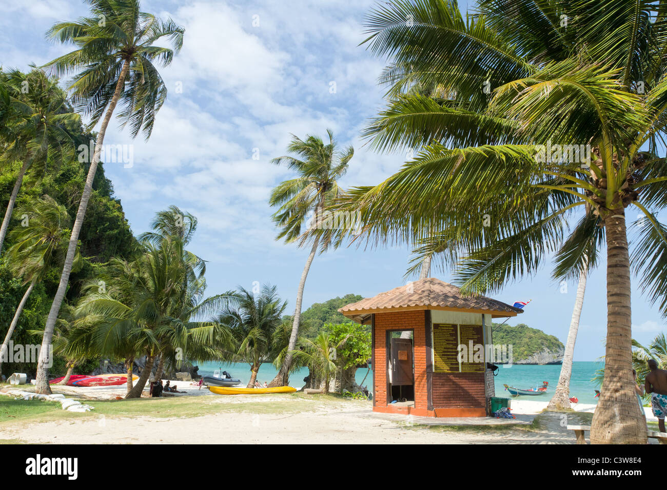 Isola tropicale spiaggia con palme e canoa, Angthong Parco Marino, Thailandia Foto Stock