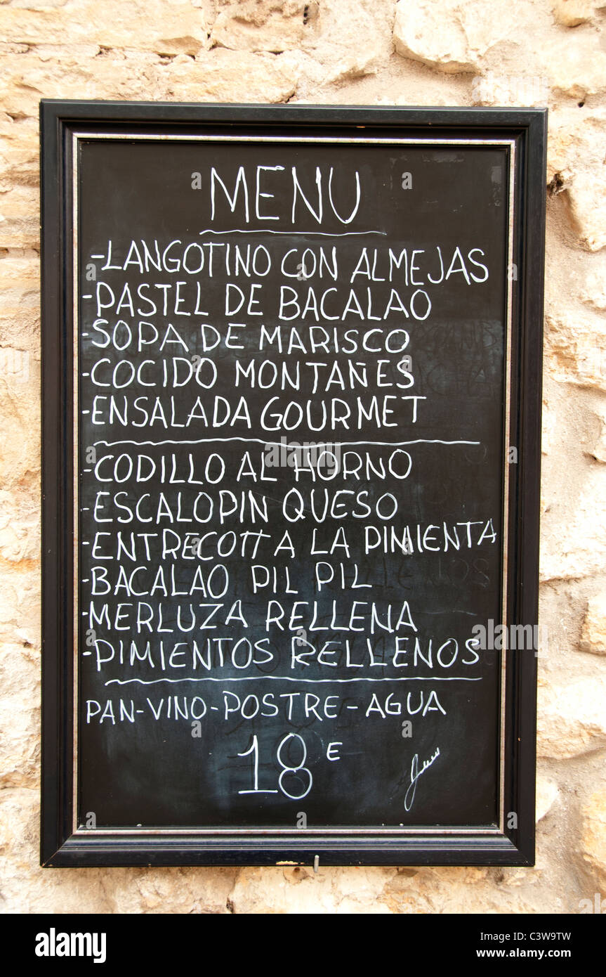 Spagna Ristorante Bar Pub Cafe menu tapas cibo di segno Foto Stock