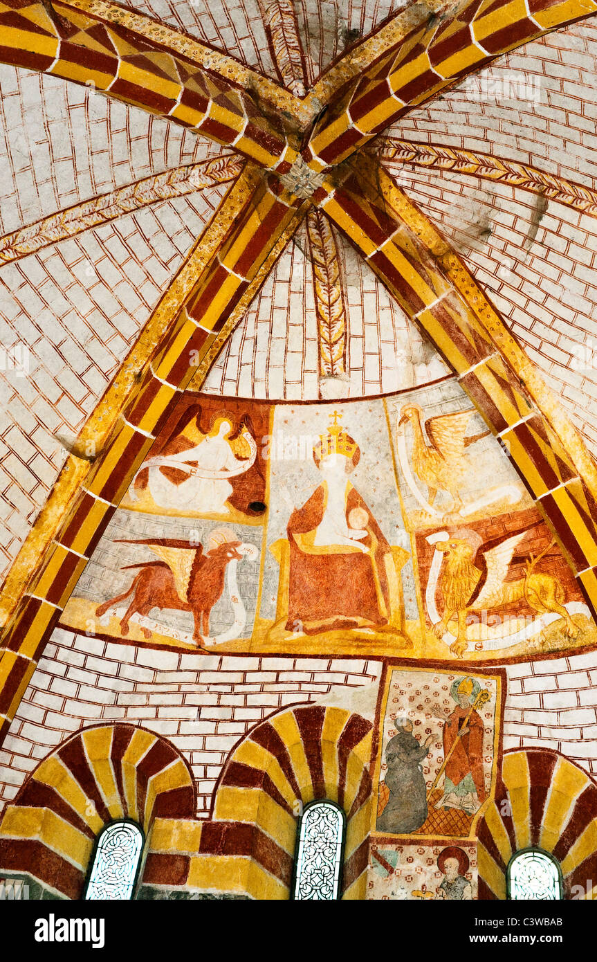 13/15secolo restaurato il soffitto dipinto in Notz l'Abbé priory cappella - Indre, Francia. Foto Stock