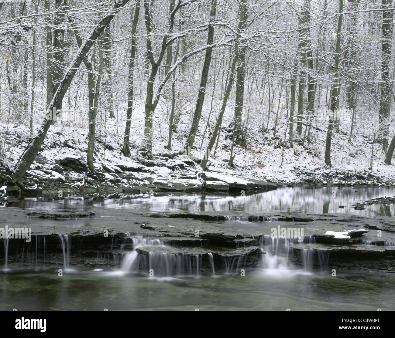 Una tranquilla Little Creek e cascata in inverno la neve, Keehner Park, Southwestern Ohio, Stati Uniti d'America Foto Stock