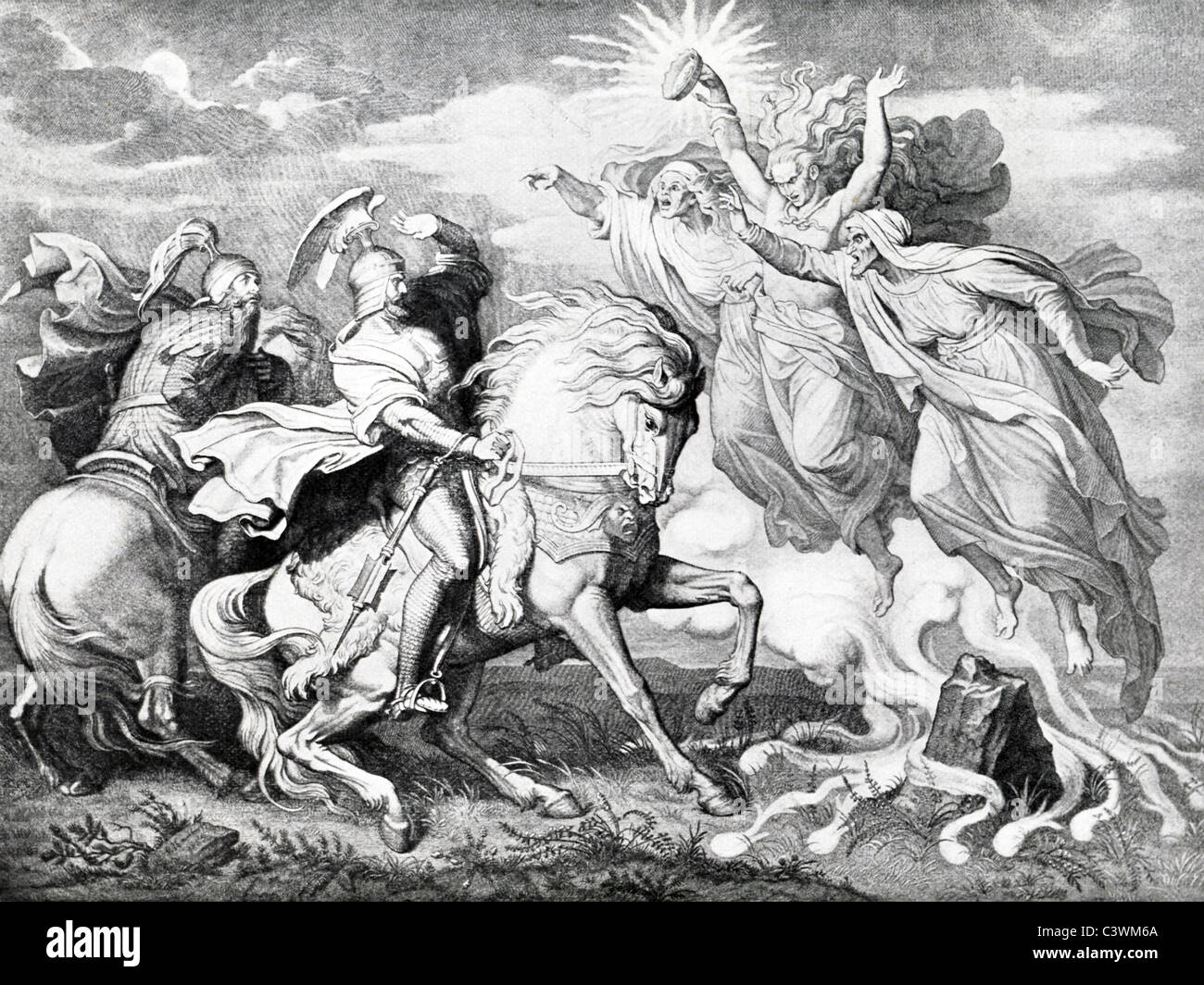 Le tre streghe nella tragedia di Macbeth sono dette per rappresentare le tenebre, il caos e il conflitto. Foto Stock