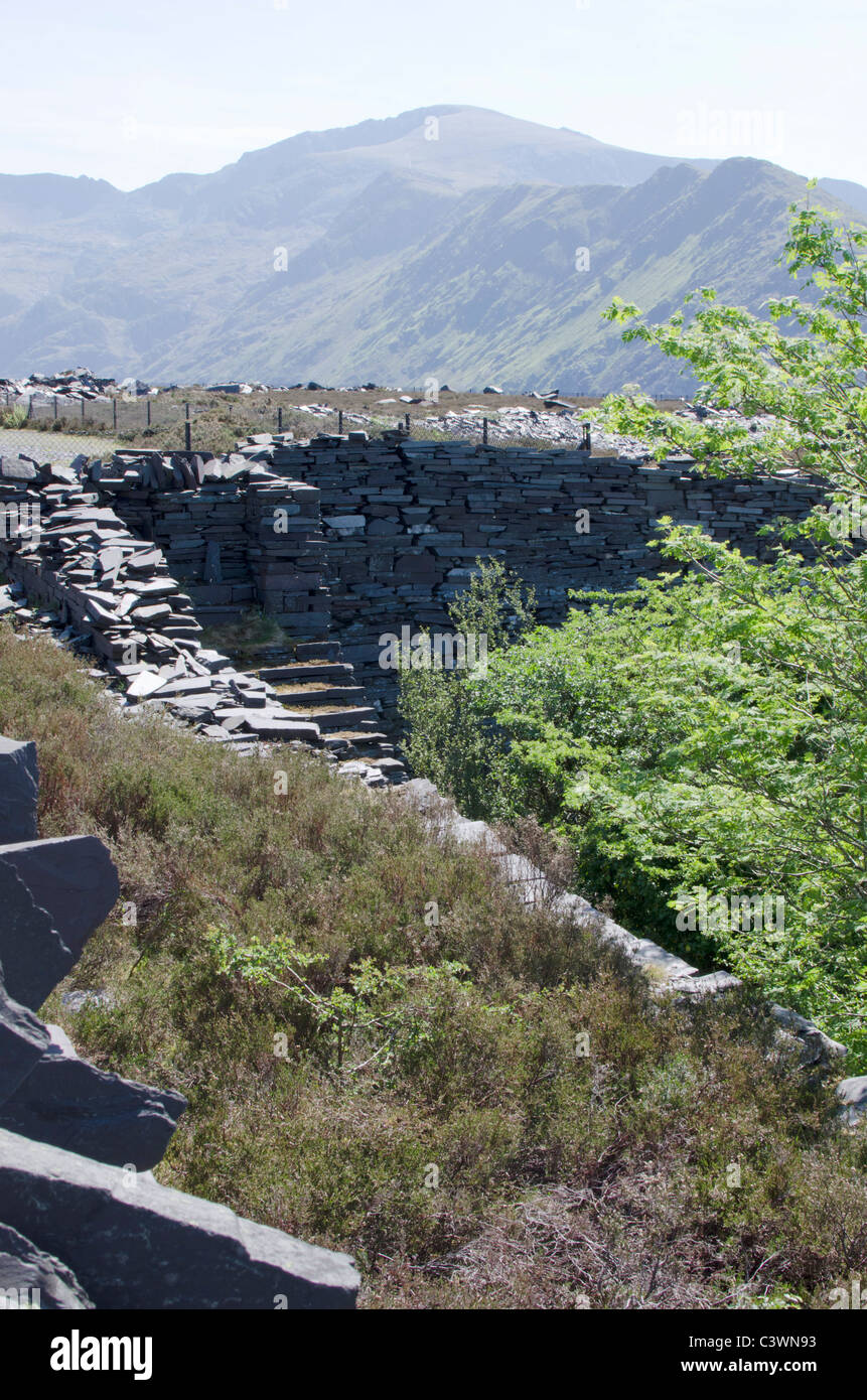 Rovinato scalinata in Dinorwig cava di ardesia, Snowdonia, il Galles del Nord, Regno Unito, guardando verso Cribgoch Foto Stock