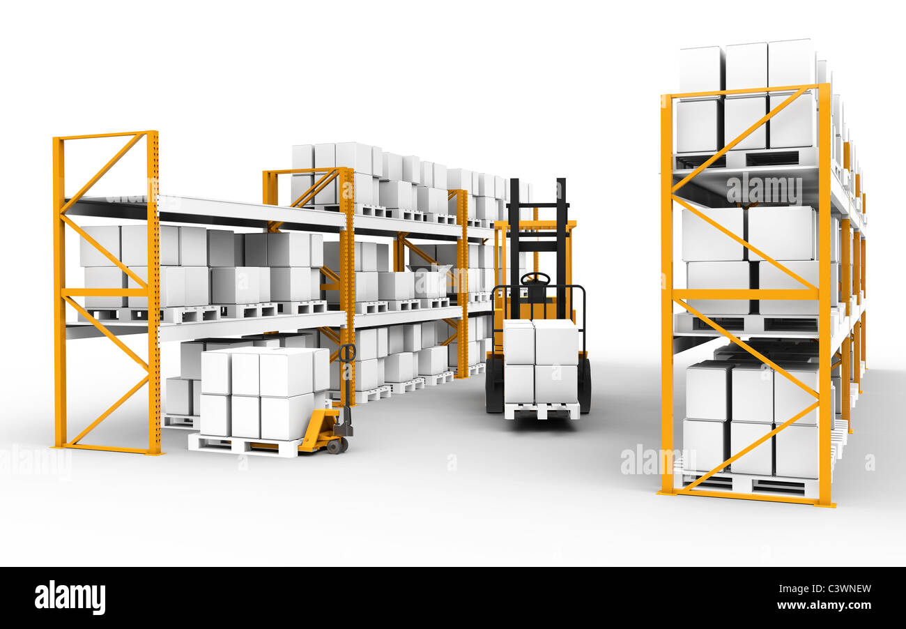 Il magazzino. Ripiani, pallet e carrelli elevatori. Parte della serie di magazzino. Foto Stock