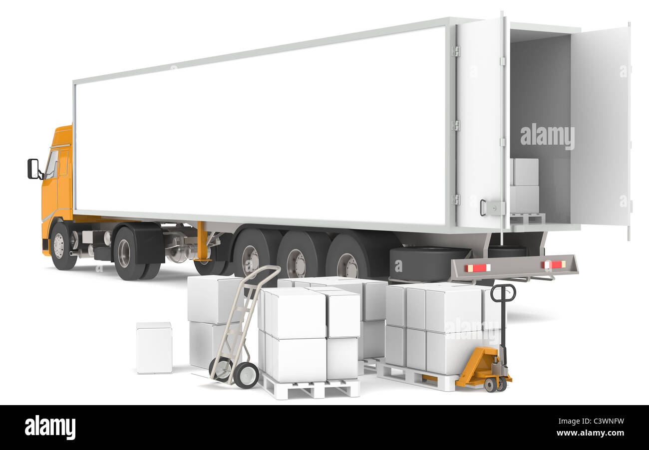 La distribuzione. Rimorchio aperto con pallet, scatole e carrelli elevatori. Parte della serie di magazzino. Foto Stock