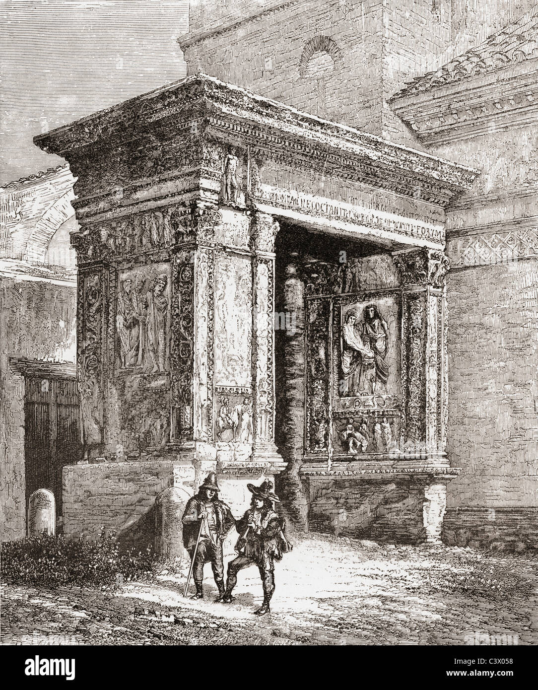 La Arcus Argentariorum, nella parete occidentale della chiesa di San Giorgio al Velabro, Roma, Italia nel tardo XIX secolo. Foto Stock
