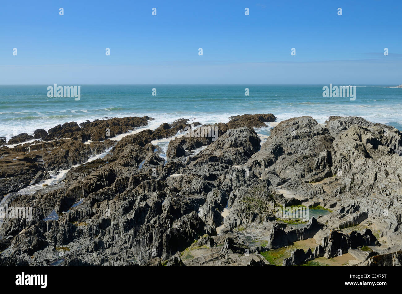 Rocce esposte a Barricane Beach a Woolacombe, Devon, Inghilterra. Foto Stock