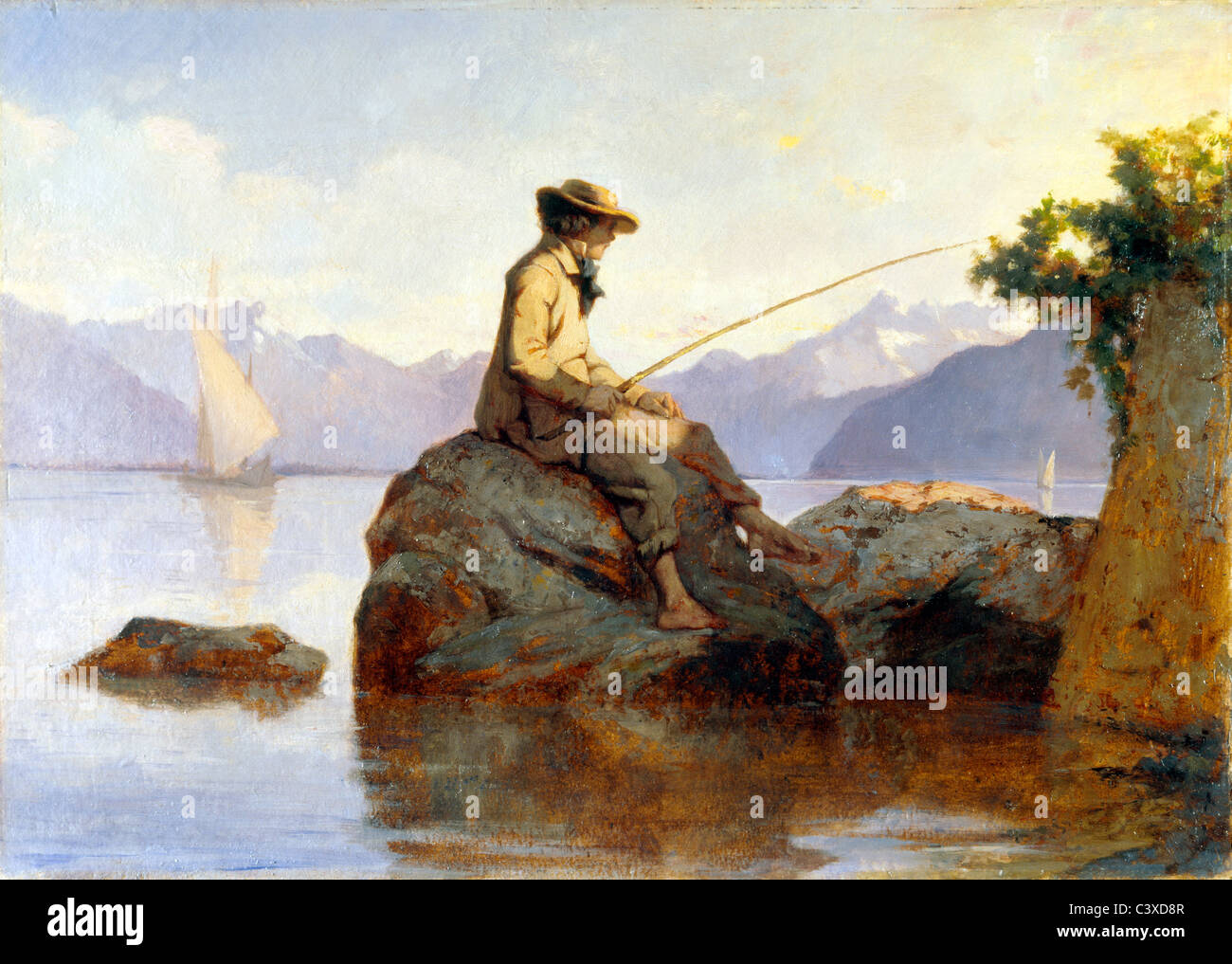 Dipinto ad Olio di un uomo pesca, da Franþois Louis David Bocion. La svizzera del XIX secolo Foto Stock