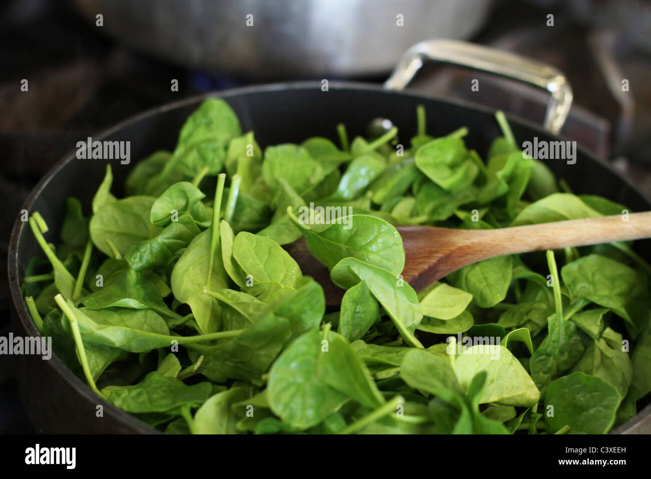 Una chiusura di spinaci cucinare in un tegame grande. Foto Stock