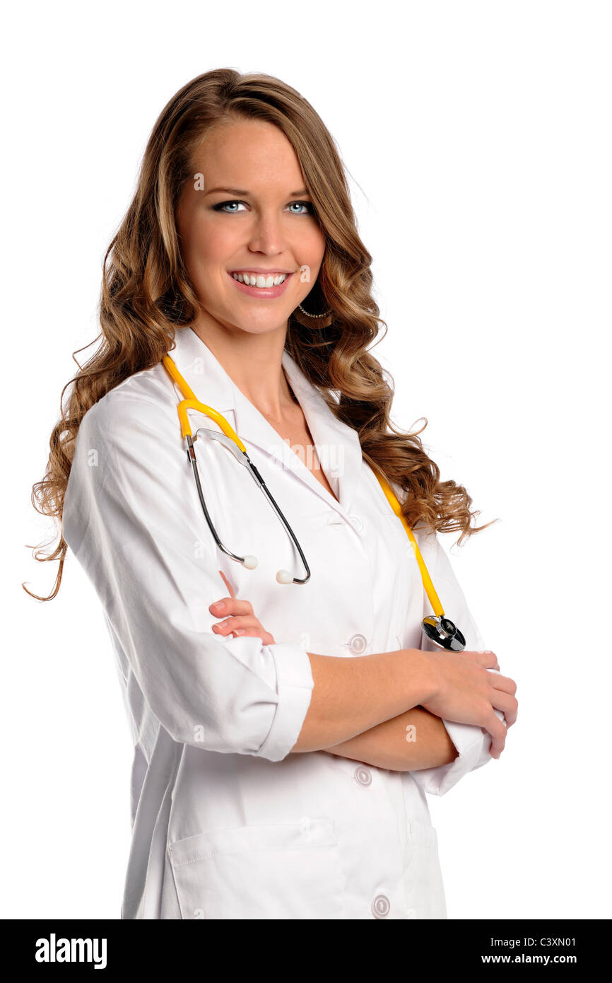 Ritratto di giovane medico o infermiere con le braccia incrociate isolate su sfondo bianco Foto Stock
