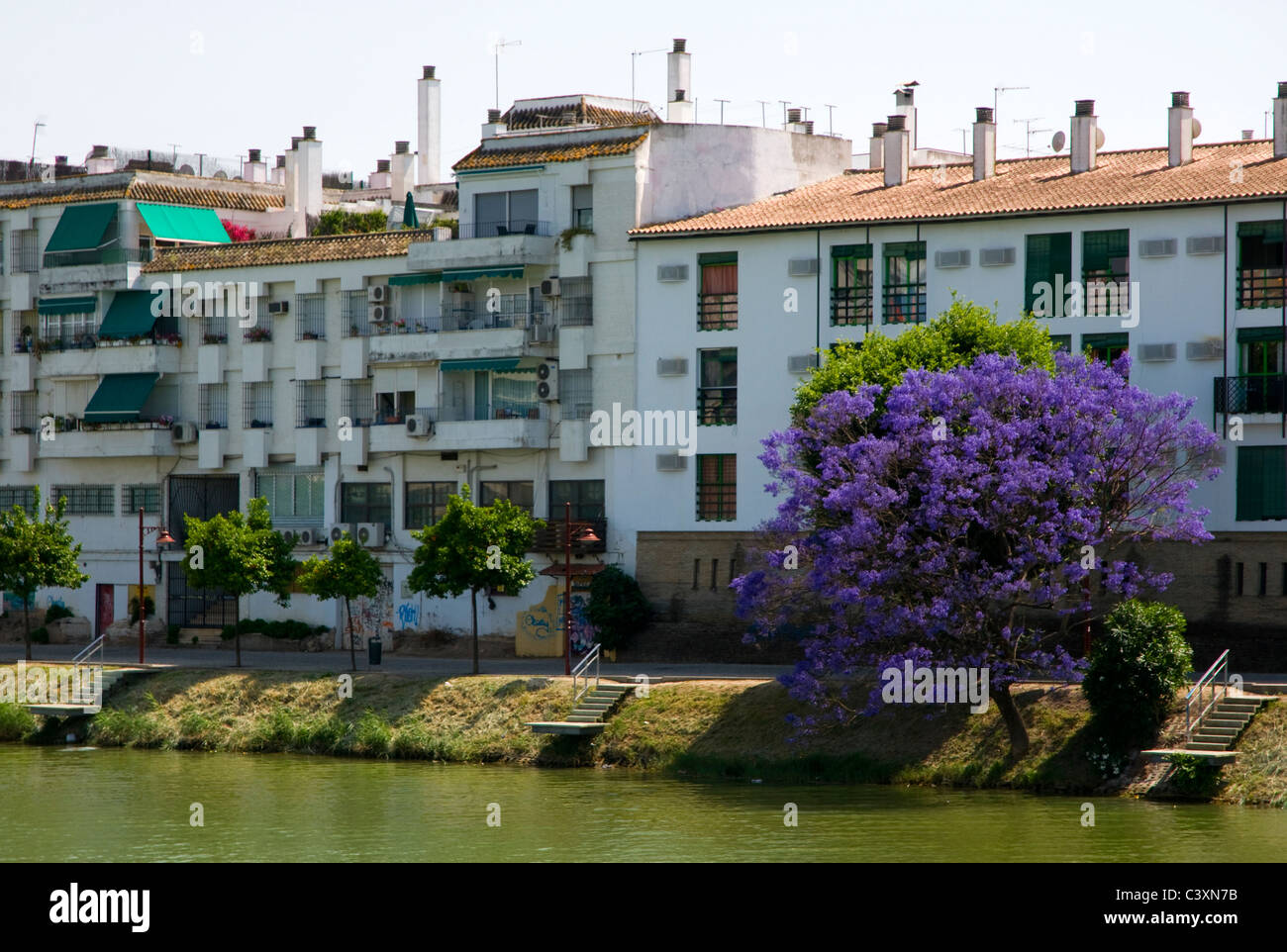 Proprietà lungo le rive del fiume Guadalquivir. Siviglia, Spagna Foto Stock