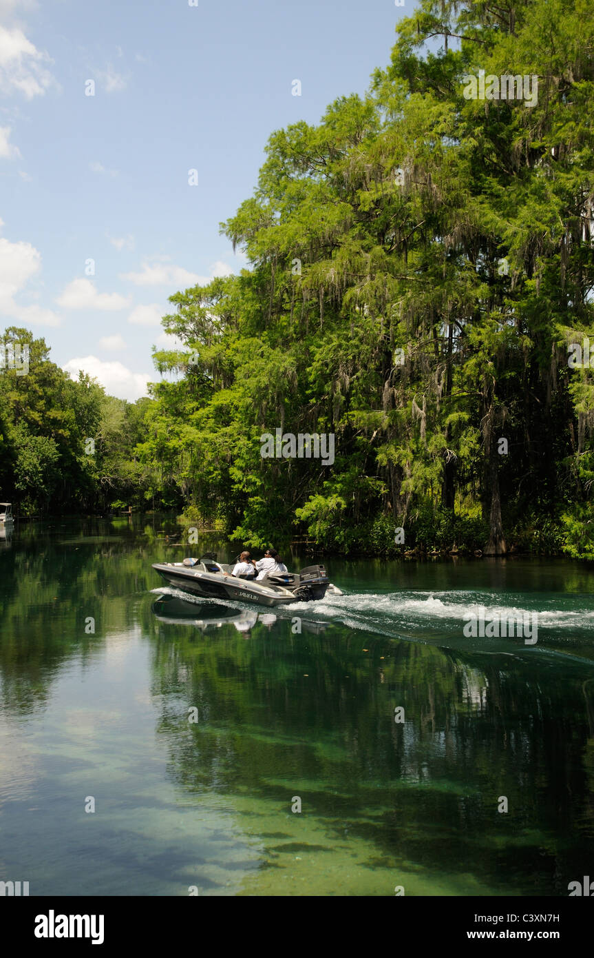 Giavellotto powerboat crociera sul Fiume Arcobaleno a Dunnellon in Marion County Florida USA Foto Stock