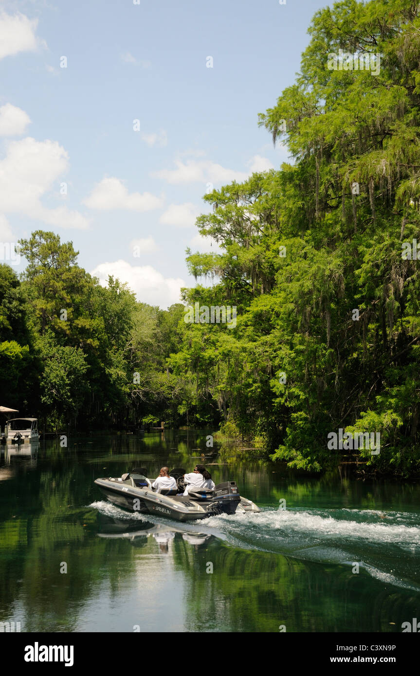 Giavellotto powerboat crociera sul Fiume Arcobaleno a Dunnellon in Marion County Florida USA Foto Stock