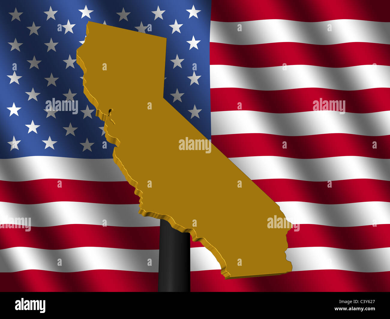 Mappa California segno sulla bandiera americana illustrazione Foto Stock