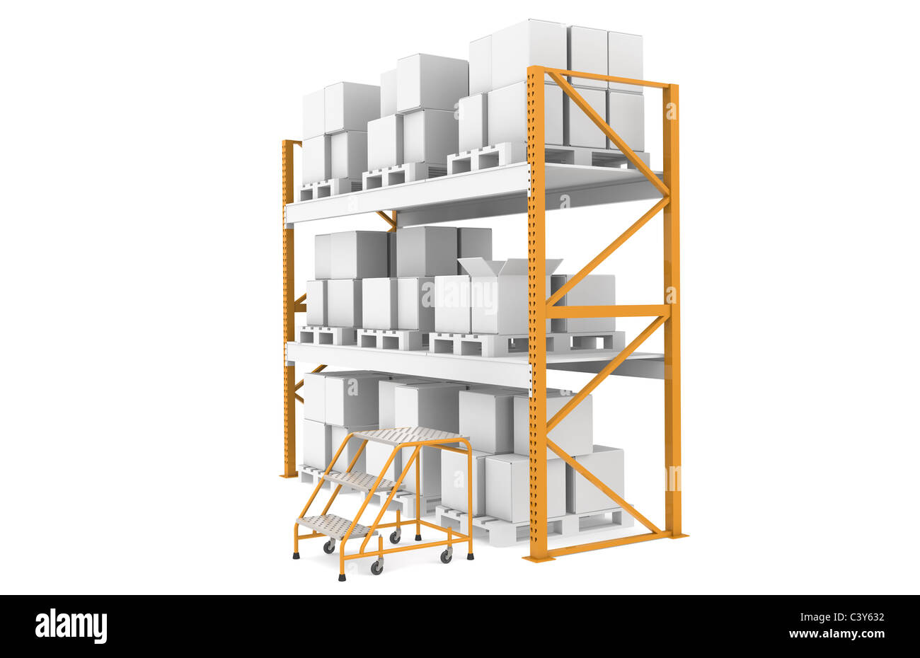 Raccolta manuale e imballaggio. Ripiani, con passo di tre scale per la raccolta manuale. Parte della serie di magazzino Foto Stock